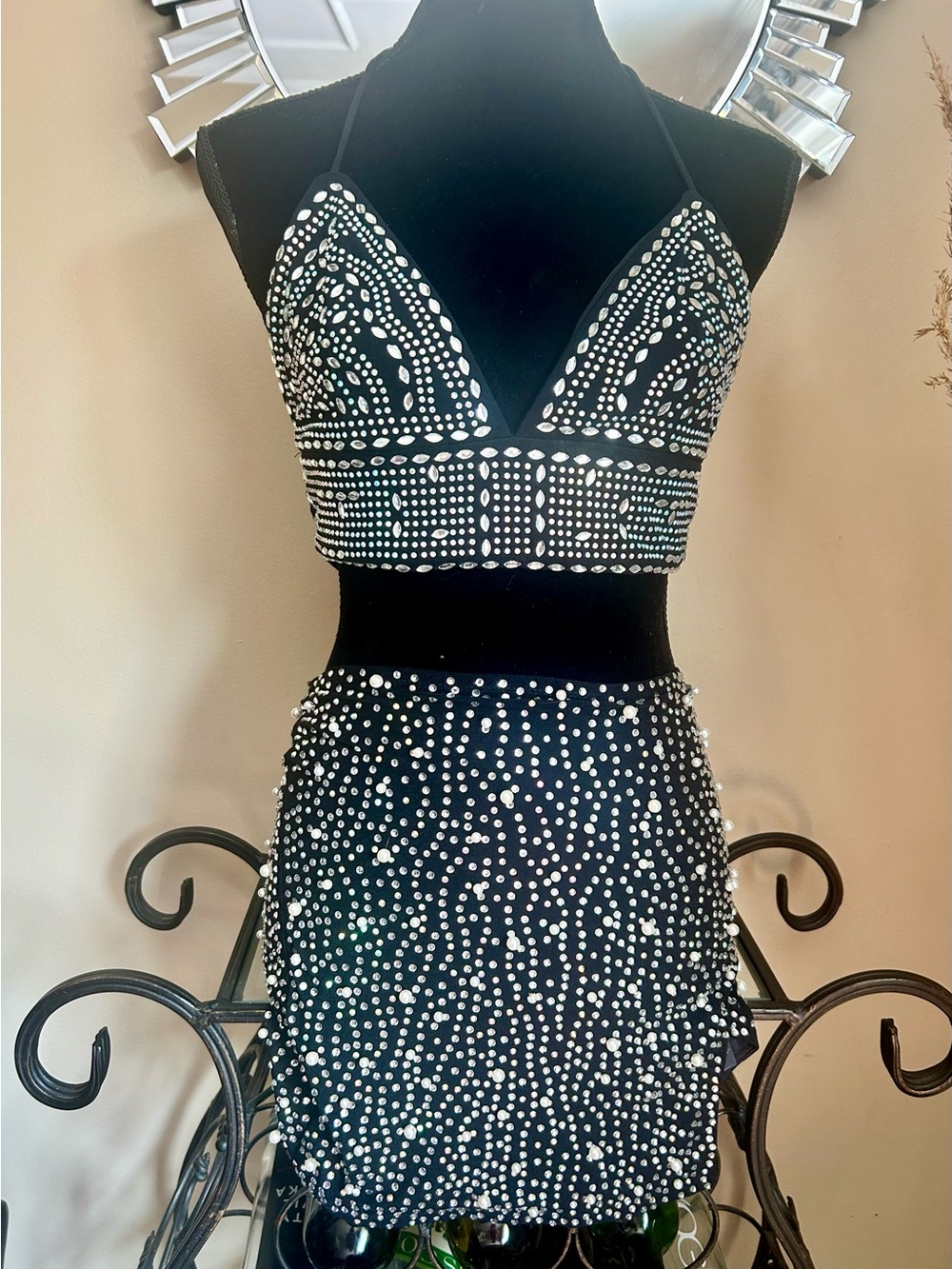 Windsor Black Rhinestone and Pearls Embellished Crop Top and Skirt